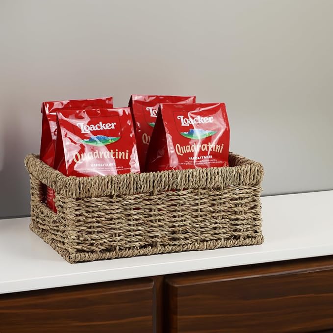 Wicker Baskets, Seagrass Baskets for Organizing, Woven Baskets for Storage | Rectangular Organizer Bins with Handle, Rattan Storage Baskets for Shelves, Small Item Storage, Closet and Bathroom Organizer