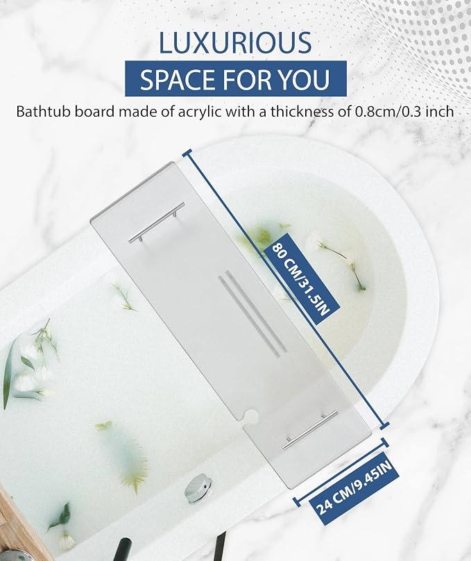 Acrylic Bathtub Tray Bathtub Tray Caddy Bath Tray Table for Tub Luxury Spa with Book and Wine Glass Holder Bathroom Accessories for Decorative Bathtubs, Transparent 31.5inch