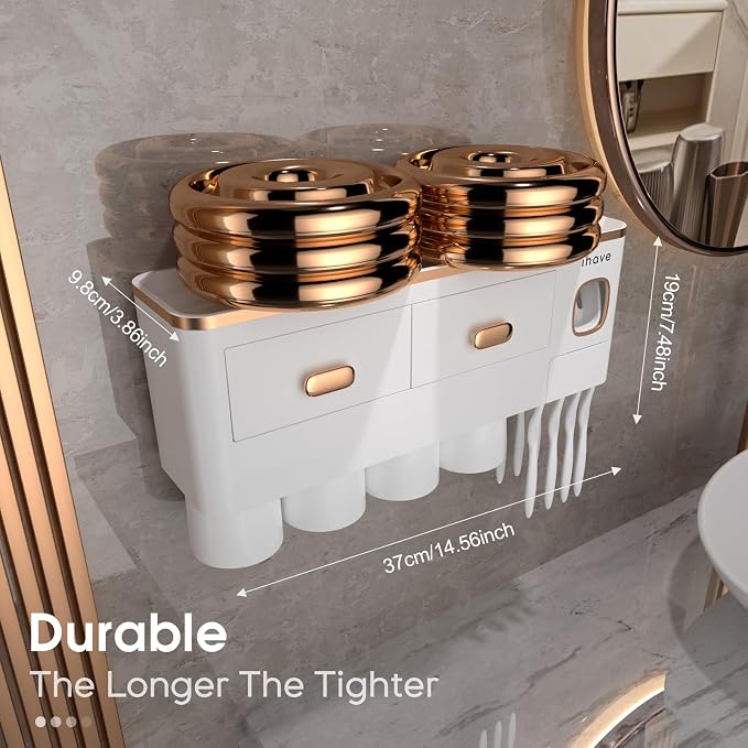 iHave Toothbrush Holders Bathrooms Wall Mount Toothpaste Dispenser & 4 Cups | Elegant White & Gold Bathroom Decor: 4 Cups, 7 Slots, Toothpaste Dispenser, Tray & Drawer Wall Mount Toothbrush Organizer
