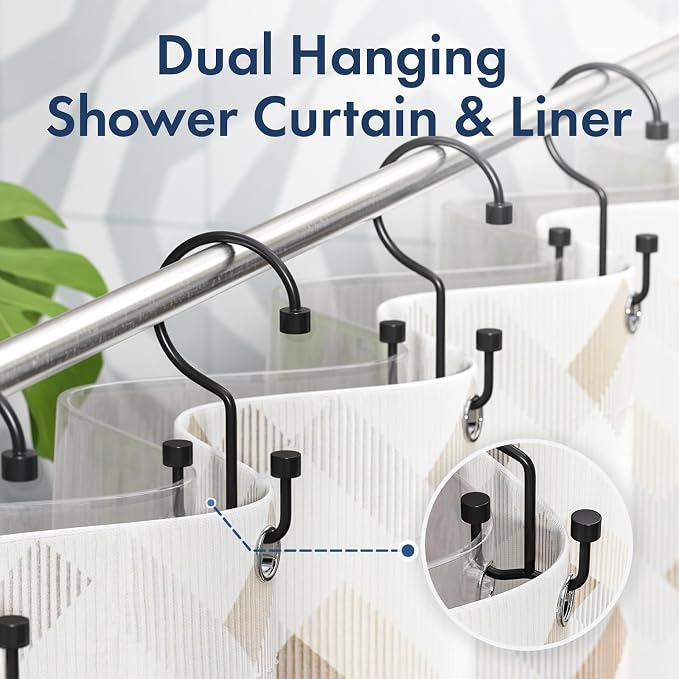 Bathway Shower Curtain Hooks Matte Black Shower Curtain Rings, 12 Pcs Double Hook Shower Curtain Hooks Rings Shower Curtain Hangers Rust Proof, Metal Shower Hooks for Bathroom Shower Curtain Rod