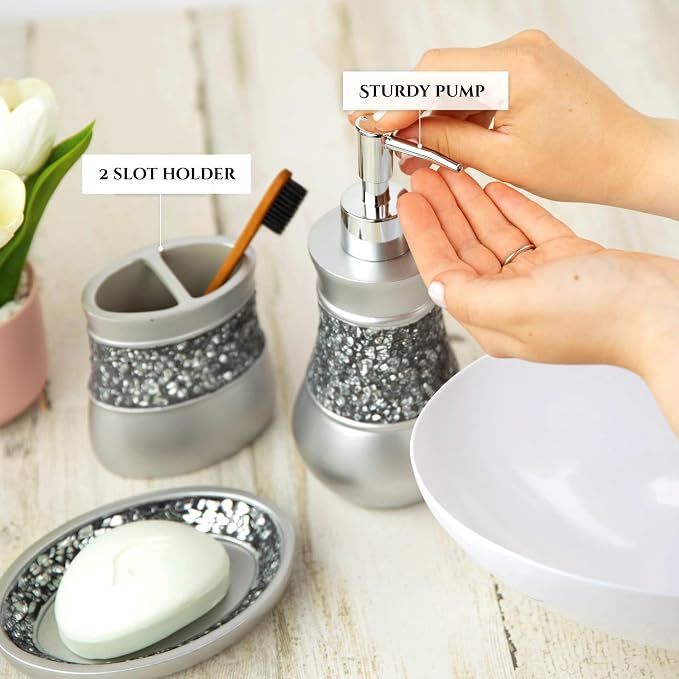 Creative Scents Crackled Glass 6 Pc. Silver Resin Bathroom Accessories Set | Includes Toilet Brush and Holder, Tissue Box Cover, Soap Dispenser, Toothbrush Holder, Tumbler Cup & Soap Dish