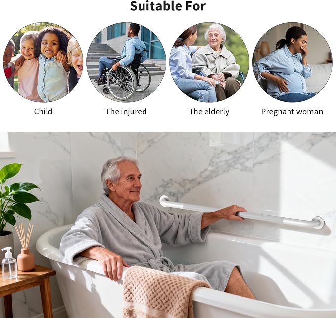 ZUEXT 42 Inch Extra Long White Anti Slip Knurled Safety Grab Bar for Shower | Stainless Steel Bathroom Safety Assist Handle, Heavy Duty Wall Mounted, Balance Support Rail for Seniors Handicap, 1.25" Dia