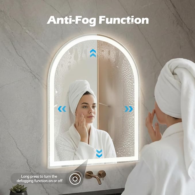 DUMOS 24"x32" LED Bathroom Mirror with Lights, Arched Vanity Mirror | Anti-Fog, Dimmable, 3-Color Light, Memory Function, Front Light and Backlit, Tempered Glass