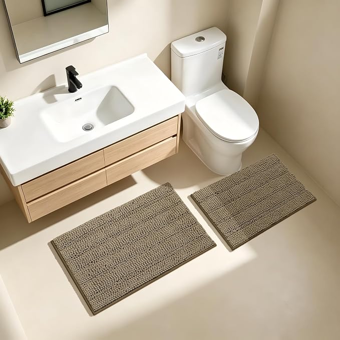 Bcoimo Bath Rugs Mat Set,2 Piece Non Slip Chenille Latte Bathroom Mat Sets | Extra Soft Bathroom Rug set;Non Slip with Rubber Backing Microfiber Mat;High Absorbent And Quick Drying mats;Machine Washable
