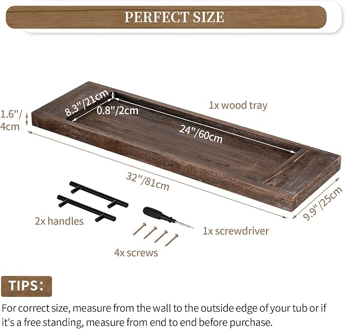 Hanobe Wood Bathtub Tray Bath Caddy with Handles, 31" | Distressed Rustic Finish, Rustic Long Board Shelf Over Tub for Bathroom Decor