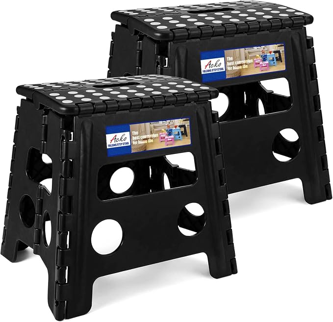 ACKO 13 Inch Folding Step Stools, 2 Pack, 300 lbs, Black | Collapsible Step Stools for Adults with Handles, Non-Slip and Space-Saving, for Kitchen, Bathroom, Bedroom and Closet