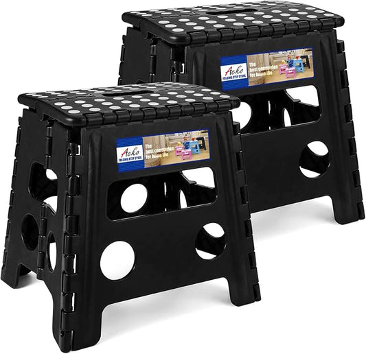 ACKO 13 Inch Folding Step Stools, 2 Pack, 300 lbs, Black | Collapsible Step Stools for Adults with Handles, Non-Slip and Space-Saving, for Kitchen, Bathroom, Bedroom and Closet