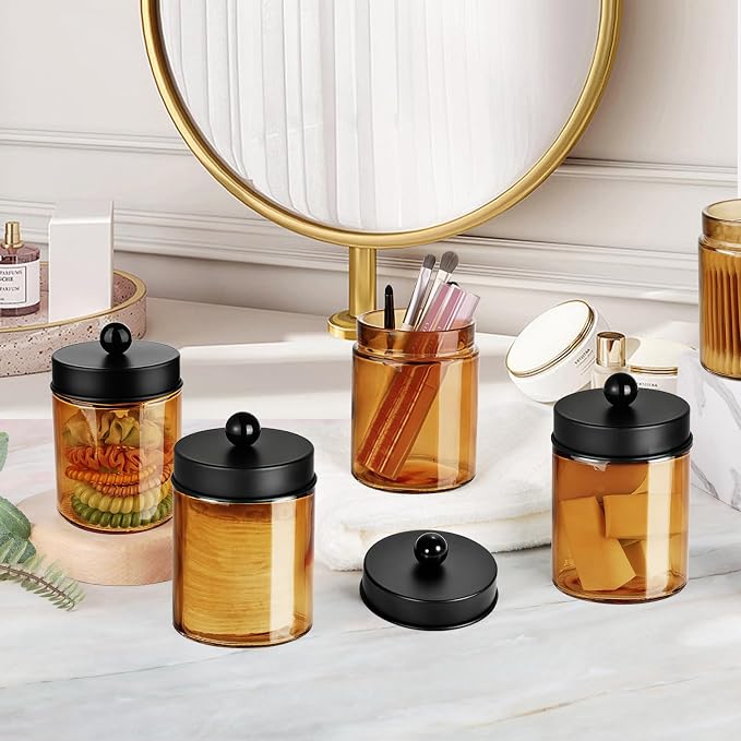 Amolliar Bronze Amber Glass Apothecary Jar, Qtip Holder Storage Black 4Pack | Bathroom Canister With Metal Lid, Q tip Dispenser Holder for Cotton Balls, Cotton Swabs, Floss Picks, Vanity Makeup Organizer