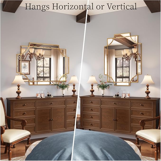 Kelly Miller 32"x48" Gold Foil Scalloped Edge Decorative Vanity Wall Mirror | Hand-Applied Gold Foil Finish. HD Mirror With French Cleat. Elegant Beveled Wall Mirror Decor For Bathroom Bedroom Entryway.