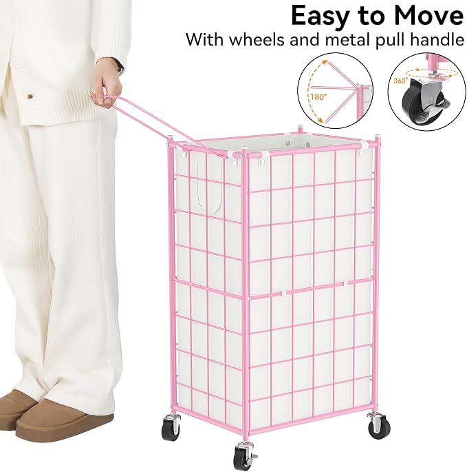 WOWLIVE Rolling Laundry Basket, Metal Wire Frame Laundry Hamper with Wheels | Hamper with Removable Bag, 100L Dirty Clothes Hamper Organizer Dorm Room Storage for Bedroom, Bathroom, Pink