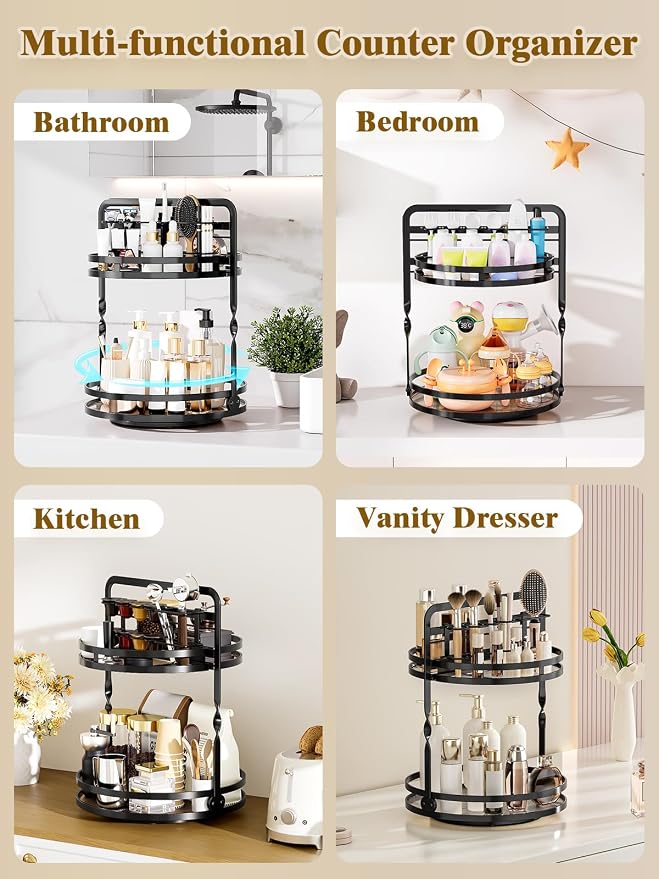 Rotating Makeup Vanity Organizer, 360 Spinning Perfume Organizer | 2-Tier Black Bathroom Countertop Organizer, Lazy Susan Counter Shelf Skincare Storage, Perfume Stand with Makeup Brush Holder