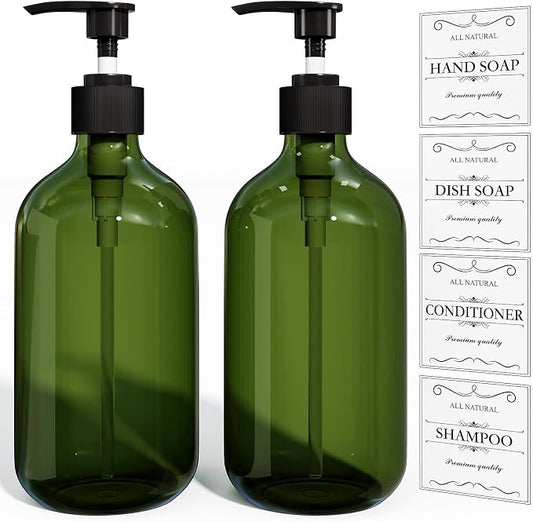 Kzeirm Green Soap Dispenser, Dish & Hand Soap Dispenser Set for Bathroom & Kitchen, Refillable Pump Bottle Dispenser, Plastic Empty Soap and Lotion Dispenser for Liquid, 2 Pcs