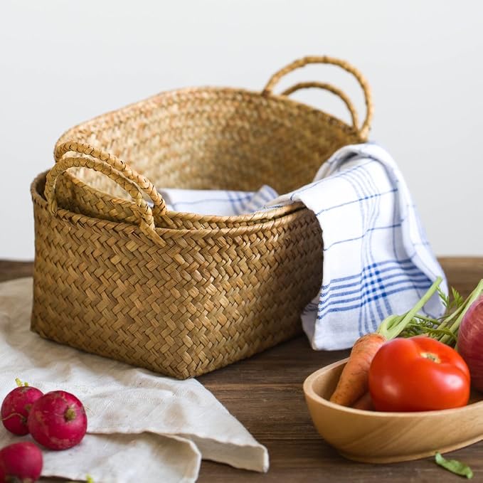 Seagrass Woven Baskets for Storage Natural Shelf Basket with Handle for Organizer Stackable Oval Set of 3 (Large+Medium+Small)