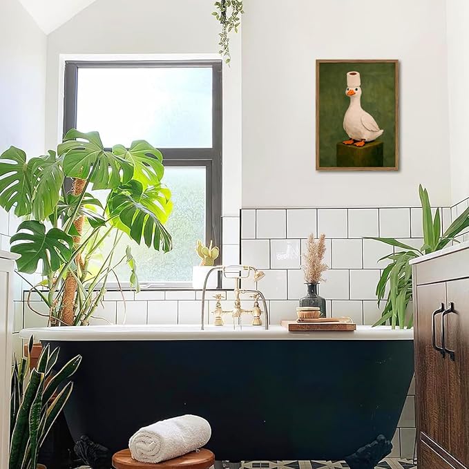 Funny Duck Bathroom Wall Art Cute Goose Toilet Paper Wall Decor Picture Vintage Animal Restroom Poster Canvas Painting Print 12x16 inch Wood Framed