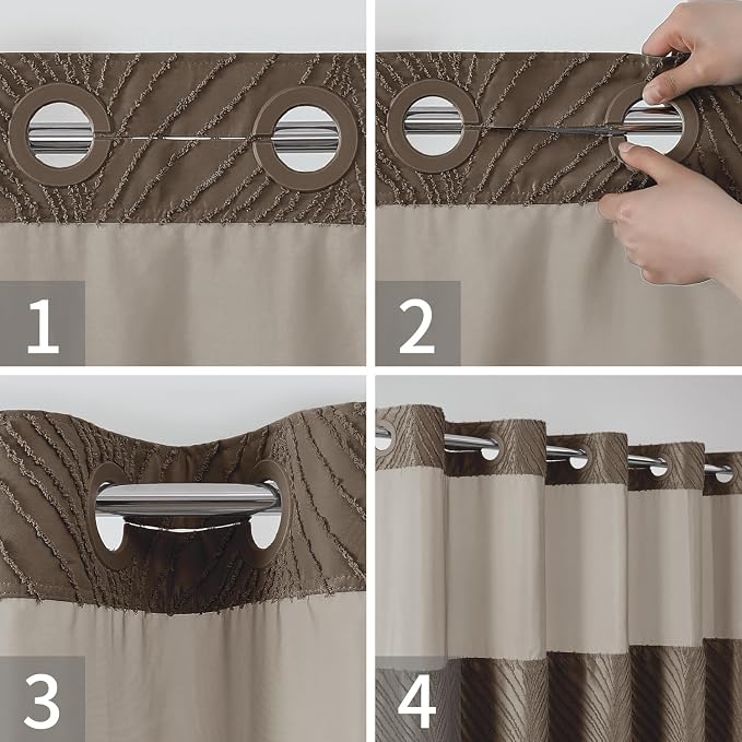 eachope no Hook Shower Curtain and Liner Set，Boho Style with See Through Top Window, Brown Fabric Tufted Striped Textured Outer Curtain & Waterproof Inner Liner, Brown, 71Wx80H