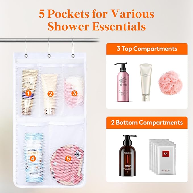 Lifewit Mesh Shower Caddy, 5 Pockets Hanging Bathroom Organizer, 1 Pack | 12" x 20", Attached 3 Hooks, Quick-Dry, Portable, Cruise Essentials, Idea for Toiletry, RVing, Travel, Camping