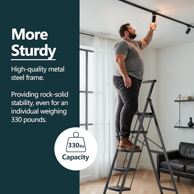 5 Step Foldable Step Stool with Handrail, 330lbs Load, Black | Folded 67'' H x 3'' T; Net 17.8 lbs; Anti-Slip Feet Grip Wood, Tile, Carpet; Wide Pedals; For Shelves, Repairs.