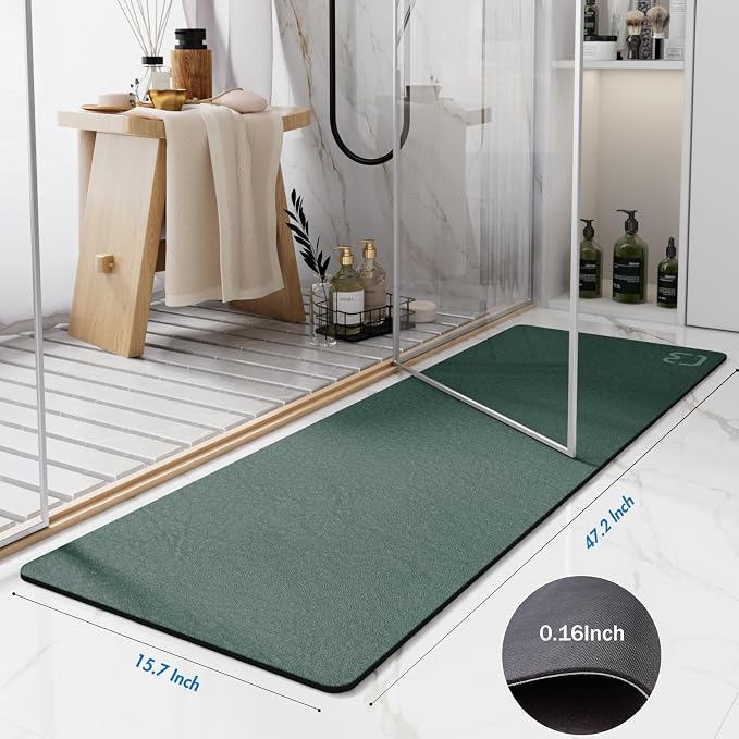 Dark Green Long Bathroom Rugs Large Stone Bath Mat for Bathroom,15.7"x47.2" | Non Slip Rubber Backed Quick Dry Super Absorbent Diatomaceous Earth Bath Mat Extra Long Thin Diatomite Bathroom Mat Runner