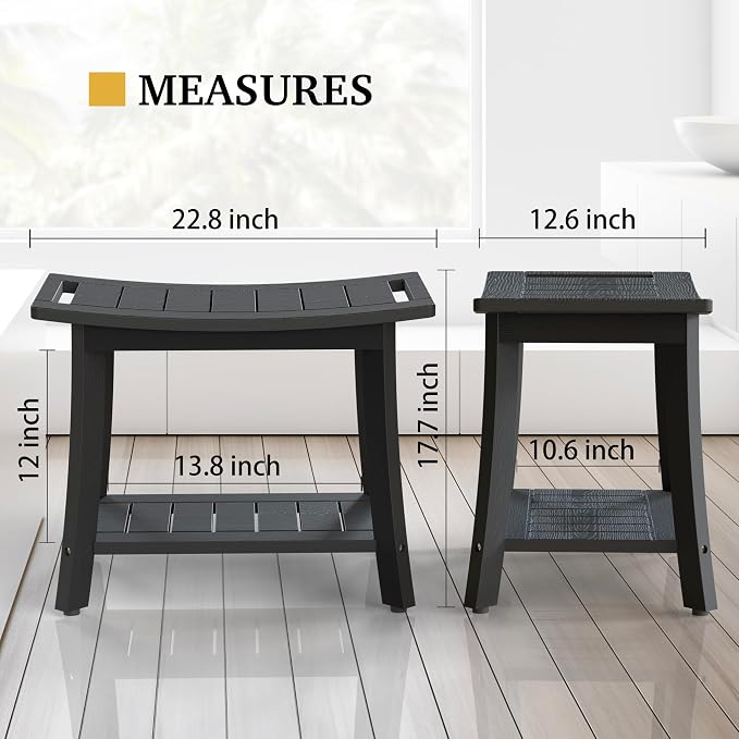 HIPS Shower Bench Inside Shower Stool with Storage Shelf, Waterproof Spa Bath Chair for Bathroom, Seat or Organizer for Living Room, Bedroom - Great for All Ages Unisex Elderly (Large, Black)