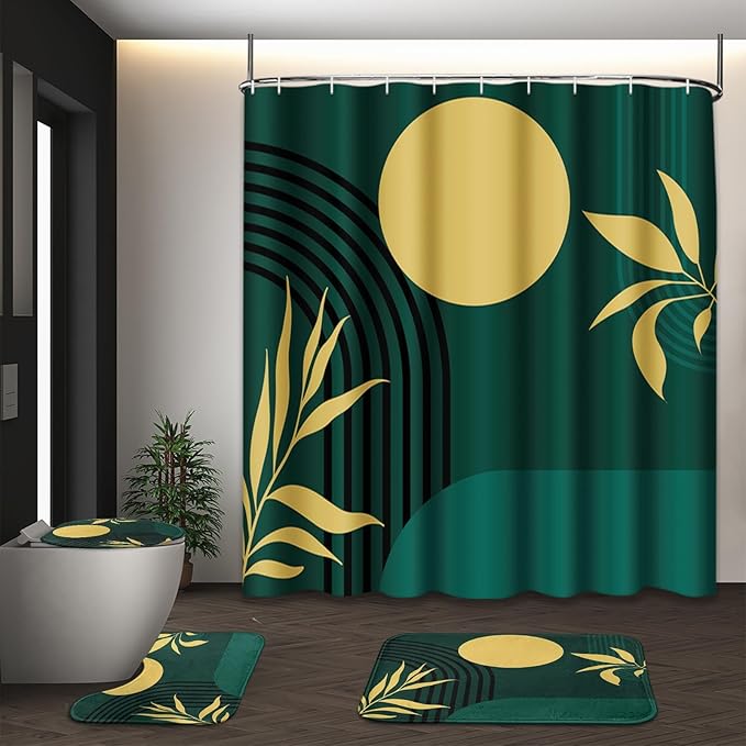 Bathroom Sets with Shower Curtain and Rugs 4 Pcs, Boho Geometric | Minimalist Midcentury Abstract Bathroom Decor Set with Toilet Lid Cover, Non-Slip Bath Mats and Accessories 12 Hooks