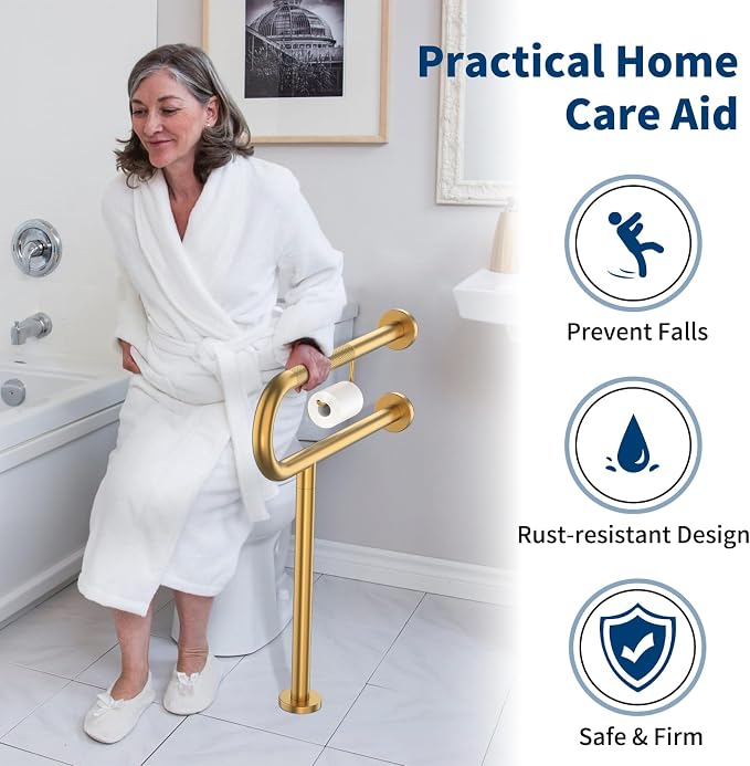ZUEXT 24x28 Inch Gold Knurled Toilet Grab Bar with Toilet Paper Holder | Wall to Floor, Anti-slip Handicap Grab Bar, Stainless Steel Bathroom Support Rail with Leg, For Elderly Disabled Pregnant