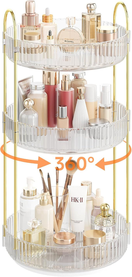 Rotating Rotating Makeup Organizer Countertop, Skincare Organizers | Spinning Perfume Tray Stand, Makeup Storage Organizer for Vanity, Bathroom Organizer and Storage, Lazy Susan, 3 Tier, Clear