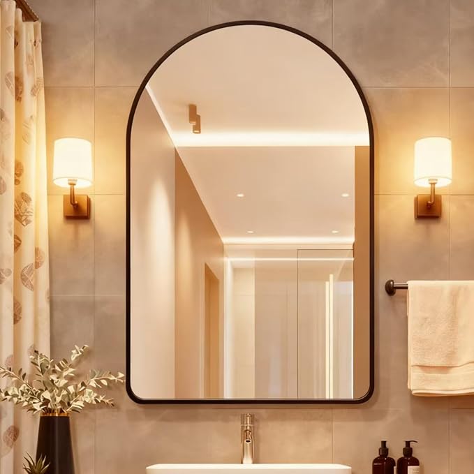 Arched Bathroom Mirror 30"x40", Black, Tempered Glass | arch bathroom mirror black wall mounted vanity tempered glass metal frame bedroom entryway living room