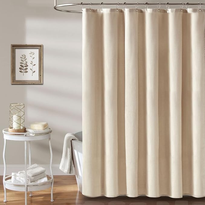 60x72 Linen Textured Waterproof Fabric Shower Curtain, Beige/Cream | Narrow Size, 230GSM Polyester, Heavy Duty Cloth, Weighted Hem, 10 Plastic Hooks, Modern Luxury Hotel Style, Machine Washable