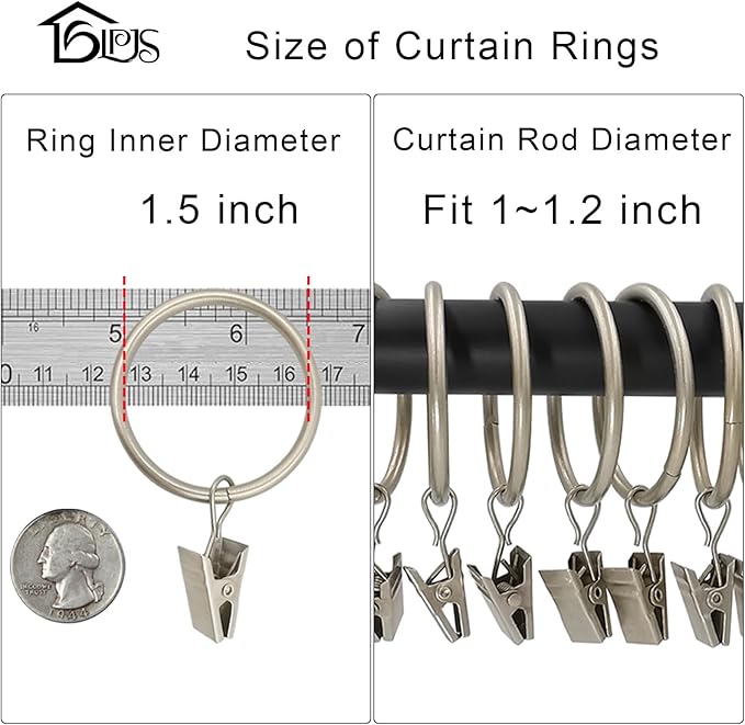 LLPJS 40 Pack Metal Curtain Rings with Clips, Curtain Clip Rings Hooks for Hanging Drapery Drapes Bows, Curtain Rod Rings 1.5 inch Interior Diameter, Matte Silver