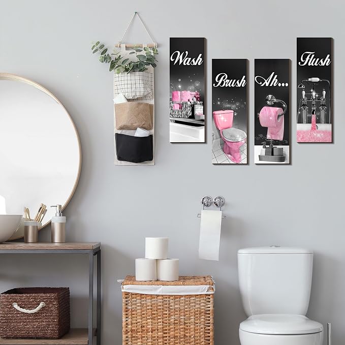 Honoson 4 Pcs Pink and Black Funny Bathroom Wall Art Decor Farmhouse Bathroom Pictures Wall Decor Wash Brush Flush Ah Wood Hanging Sign for Home Spa Laundry, 11.8 x 3.9 Inch