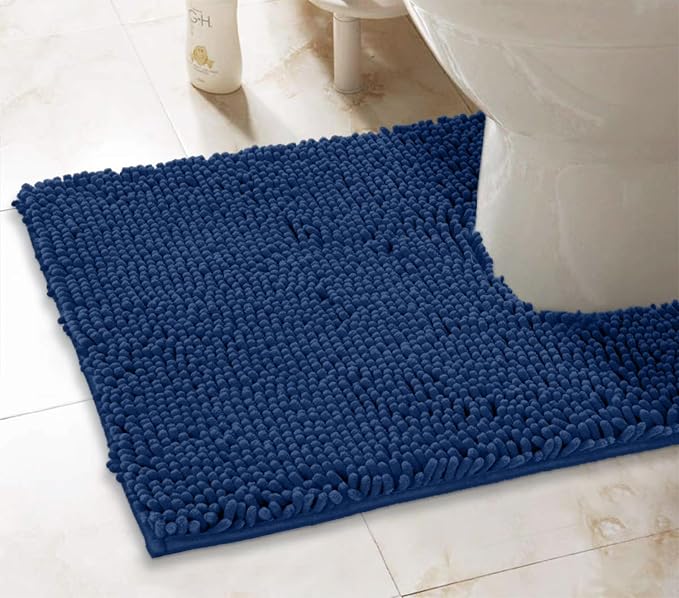 LuxUrux Blue Bath Mat - U-Shaped Contoured Rug for Around Toilet, Super Absorbent Shaggy Bath Rug. Easy Machine Wash & Dry (20" x 23", Blue)