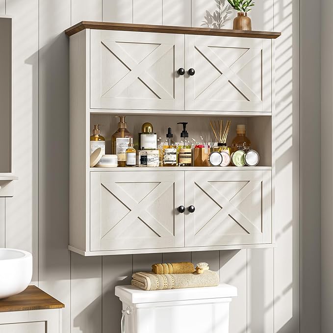 Vabches Bathroom Wall Cabinet, Farmhouse Medicine Cabinet with 4 Barn Doors, Large Wooden Vintage Storage Cabinet Wall Mounted for Bathroom, Kitchen, Rustic White