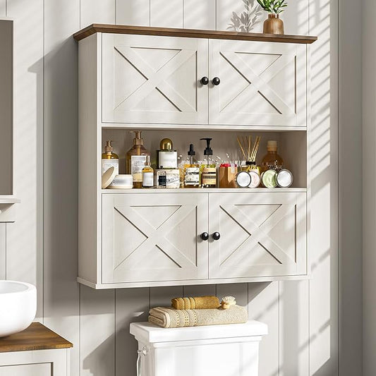 Vabches Bathroom Wall Cabinet, Farmhouse Medicine Cabinet with 4 Barn Doors, Large Wooden Vintage Storage Cabinet Wall Mounted for Bathroom, Kitchen, Rustic White
