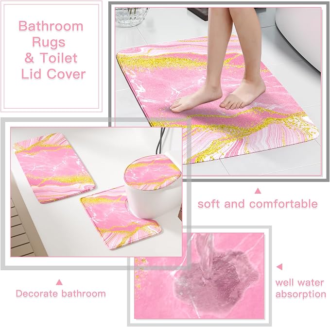 21PCS Bathroom Sets with Shower Curtain and Rugs Bathroom Accessories Set Pink Bathroom Set Complete with Trash Can, Toilet Brush, Qtip Holder & 3PCS Soap Dispenser