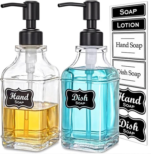 JASAI 2Pack Hand & Dish Glass Soap Dispenser with Black Rust Proof Pump | Refillable Dish Soap Dispenser with Sturdy 304 Stainless Steel Pump Pump for Kitchen and Bathroom.