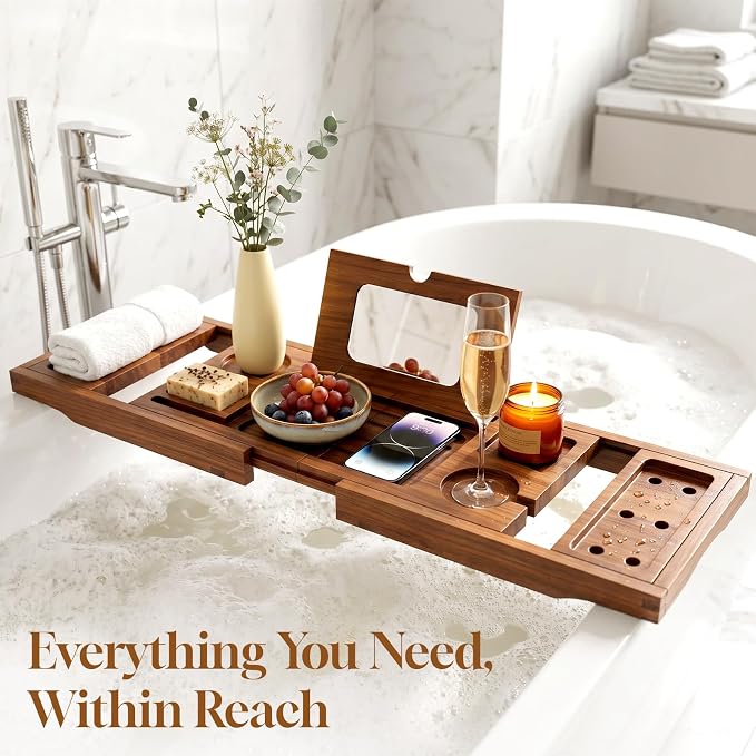 Bathtub Tray, Foldable & Extendable Acacia Wood Bath Caddy with Non-Slip Design, Space-Saving Adjustable Bathtub Shelf for Book, Wine, Tablet, Spa Gift for Women Men