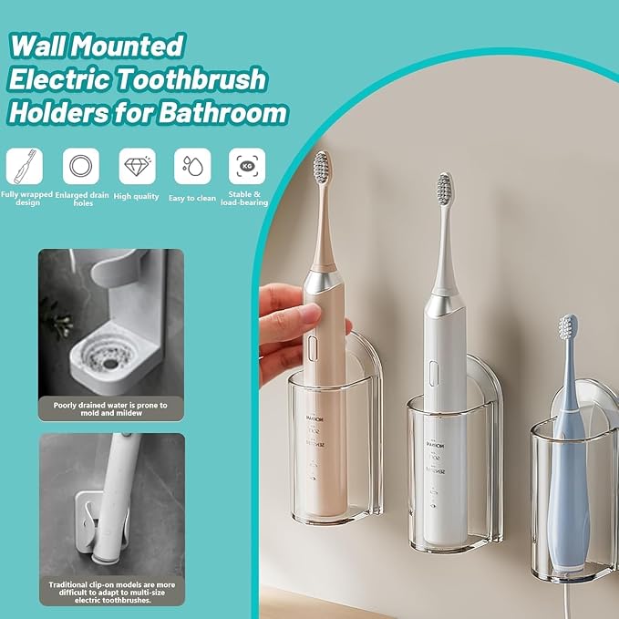 4 Pack Electric Toothbrush Holders for Bathroom, Wall Mounted Clear Electric Toothbrush Organizer, Self Adhesive Bathrooms Toothbrush Storage for Shower, Saving Space and Keep Drying