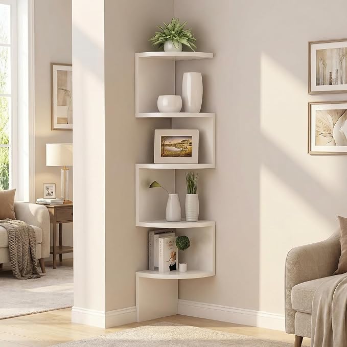 5-Tier Corner Shelf Wall Mount, Screw-Mounted Floating Bookshelf with Enhanced Support, Space-Saving Zigzag Shelf for Bedroom, Living Room, Office, Garage – (White)