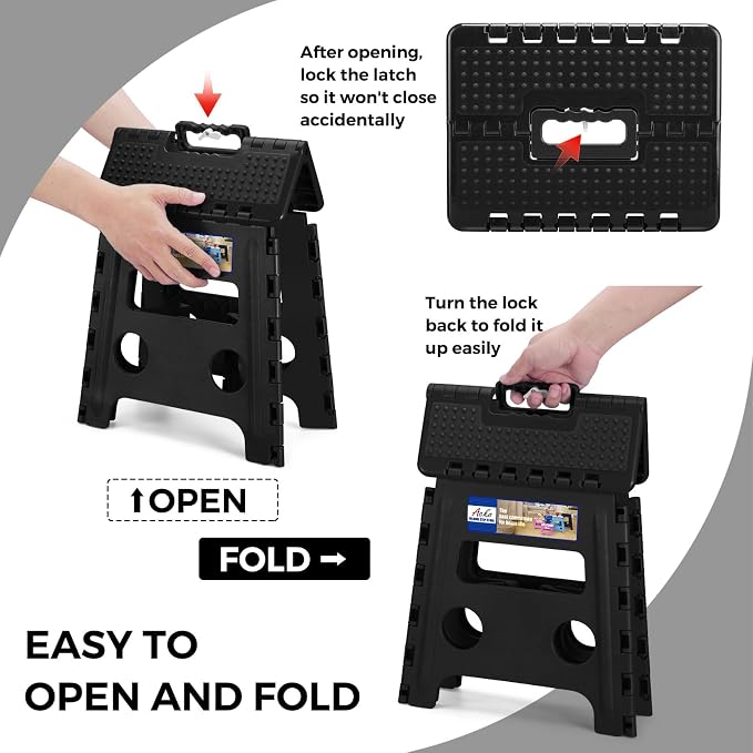ACKO 13" Folding Step Stool, Non-Slip Surface for Adults & Kids, Dot Black | Collapsible Heavy Duty Foldable Stools, Portable Foot Stepping Stool Holds 300 lbs, Kitchen Bathroom Outdoor, Built-in Handle