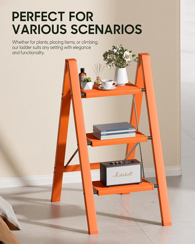 HillhutApex Aluminum Step Stool Foldable,3 Step Ladder (Orange) | Lightweight Portable step ladder with Anti-Slip Wide Pedal,330lbs Capacity Ladder for Household,Office,Kitchen