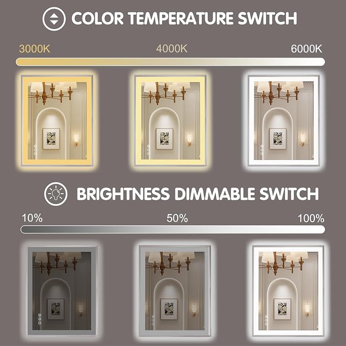 28x36 Inch Silver Frame LED Mirror for Bathroom | Silver Metal Frame, Front and Backlit, 3 Colors, Dimmable, Memory, Anti Fog, Tempered Glass, Lighted Mirror for Wall