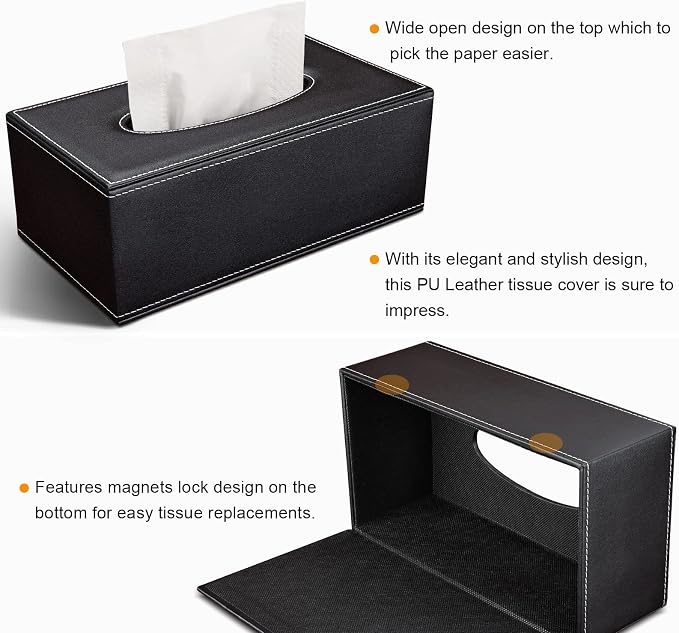 Tissue Box Cover Rectangular, PU Leather Tissue Box Holder for Kleenex, Napkin, Tissue Box Cover Rectangle, Tissue Holder for Bathroom Car Home Decorative 9.84"X5.63"X4.53" - Black