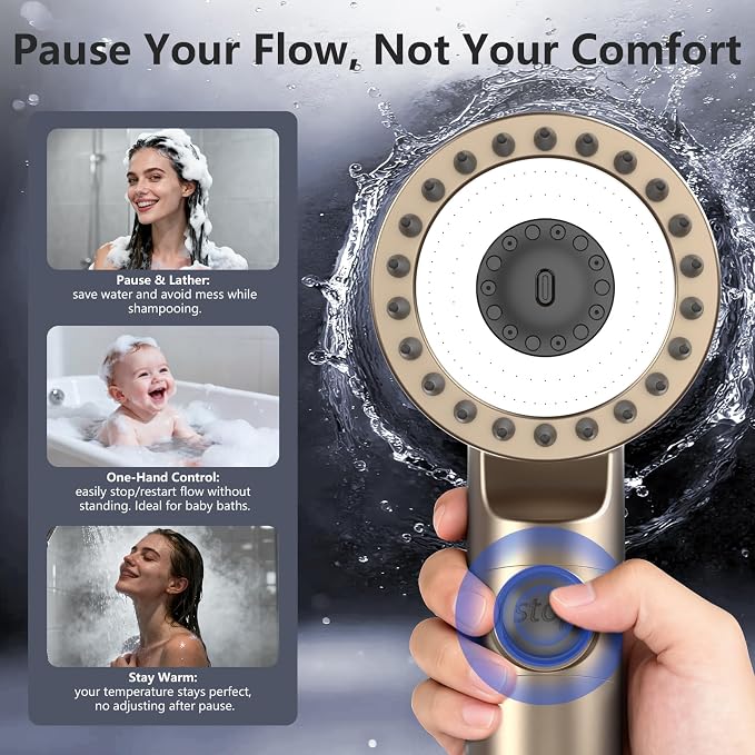 Filtered Shower Head with Handheld, High Pressure Water Flow and Multiple Spray Modes Shower Head with Filter, Power Wash for Hard Water, Showerhead with ON/OFF Switch for Pets Bath (Golden) | ON/OFF Switch,4 Spray,Built-in Power Wash,Detachable Shower...