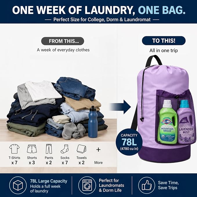 Backpack Laundry Bag, Durable polyster Laundry Backpack Bag with Shoulder Straps, Drawstring Closure & Mesh Pocket, Large Clothes Hamper for Dorm, Travel, Laundromat (Purple)