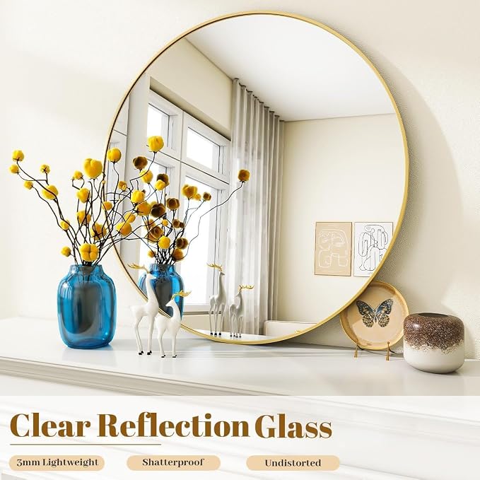 Large Gold Round Bathroom Mirror 48" with Thin Metal Frame | Circle Wall Mounted Mirror Hanging or Leaning Decor for Hallway, Entryway, Fireplace Mantel, Living Room