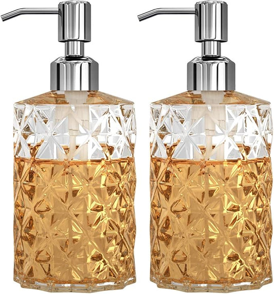 Soap Dispenser, 2 Pack, 12 Oz, Clear Diamond Design Glass | Refillable Hand Soap Dispensers, 304 Rust Proof Stainless Steel Pump, For Kitchen, For Bathroom, Lotion Dispensers