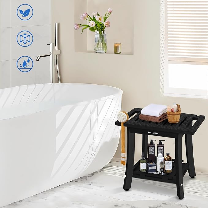 KingPavonini HDPS Shower Bench for Inside Shower to Sit on, 18.6'', Black | Waterproof Shower Stool for Shaving Legs, 400 lb, Bathroom Chair Seat with Storage Shelf, for Tub/Outdoor Use, Quick Assembly