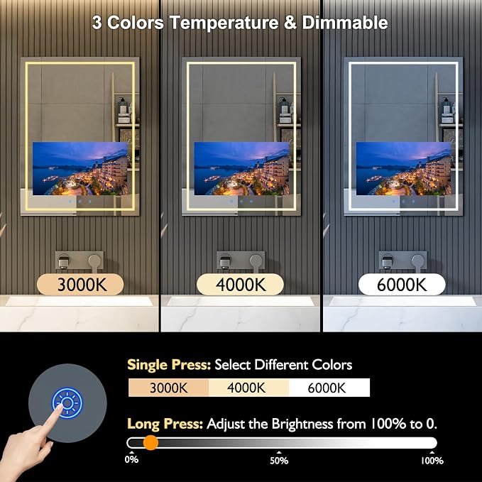 24x32 Inch LED Smart Bathroom Mirror with 21.5" Hidden Touchscreen System | Android 11,Anti-Fog,IP66 Waterproof,3-Color LED Light,Clock&Weather Display,Built-in Speaker,WiFi Bluetooth HDMI,Wall-Mounted