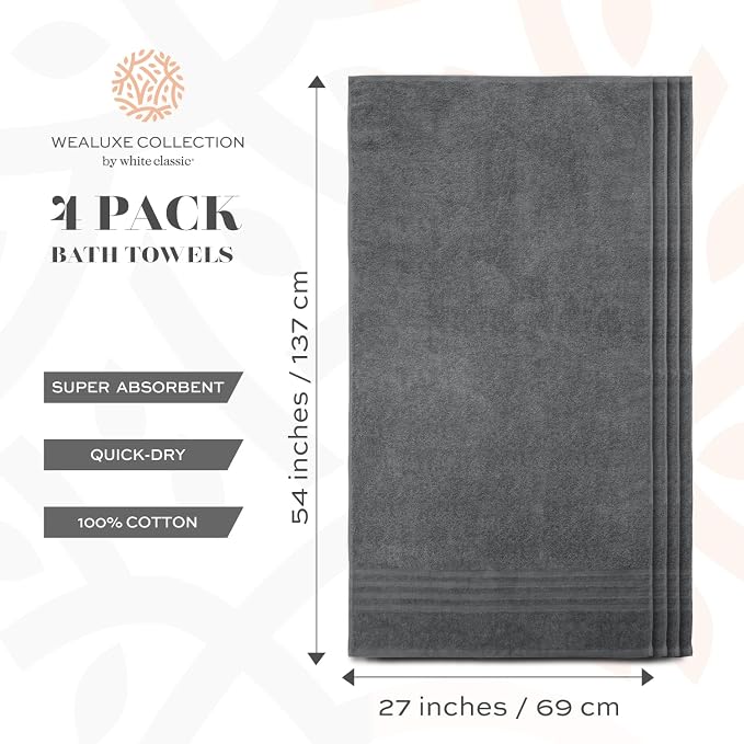 White Classic Wealuxe Grey Bath Towels Set of 4, Cotton Body Towel for Hotel, Gym, Spa, Soft Extra Absorbent Quick Dry Towels for Bathroom 27x54 Inch
