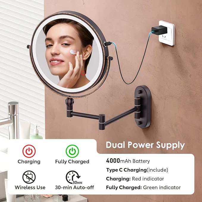 9" Wall Mounted Lighted Makeup Mirror,4000mAh Rechargeable Double Sided 1X/30X Magnifying Mirror with Light,Touch Dimmable,Extended Arm 360 Rotation Wall Mounted Makeup Mirror 3 Color Lights-Bronze